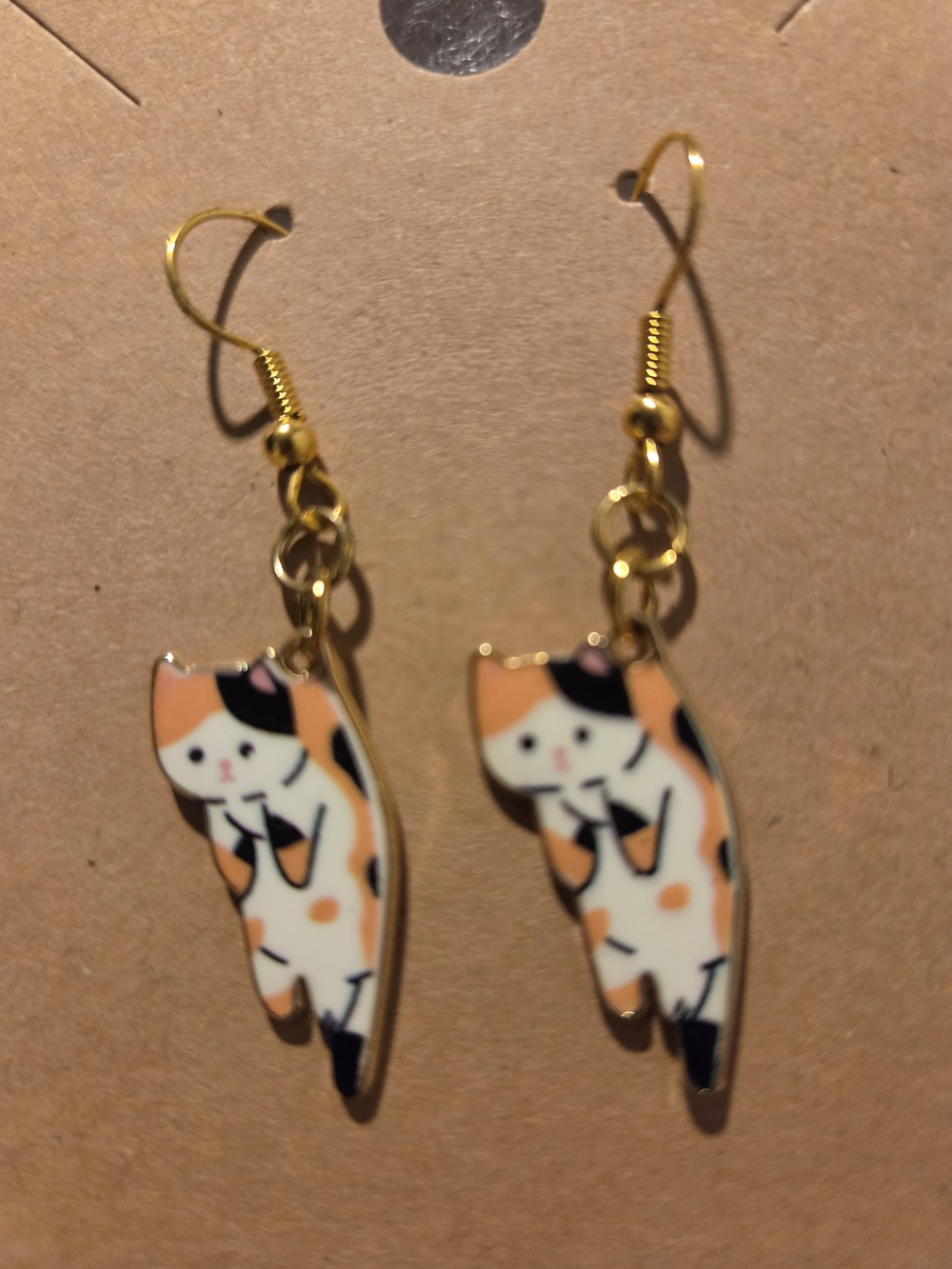 Gold-Tone Calico Cat Drop Earrings - Cute Cat Design